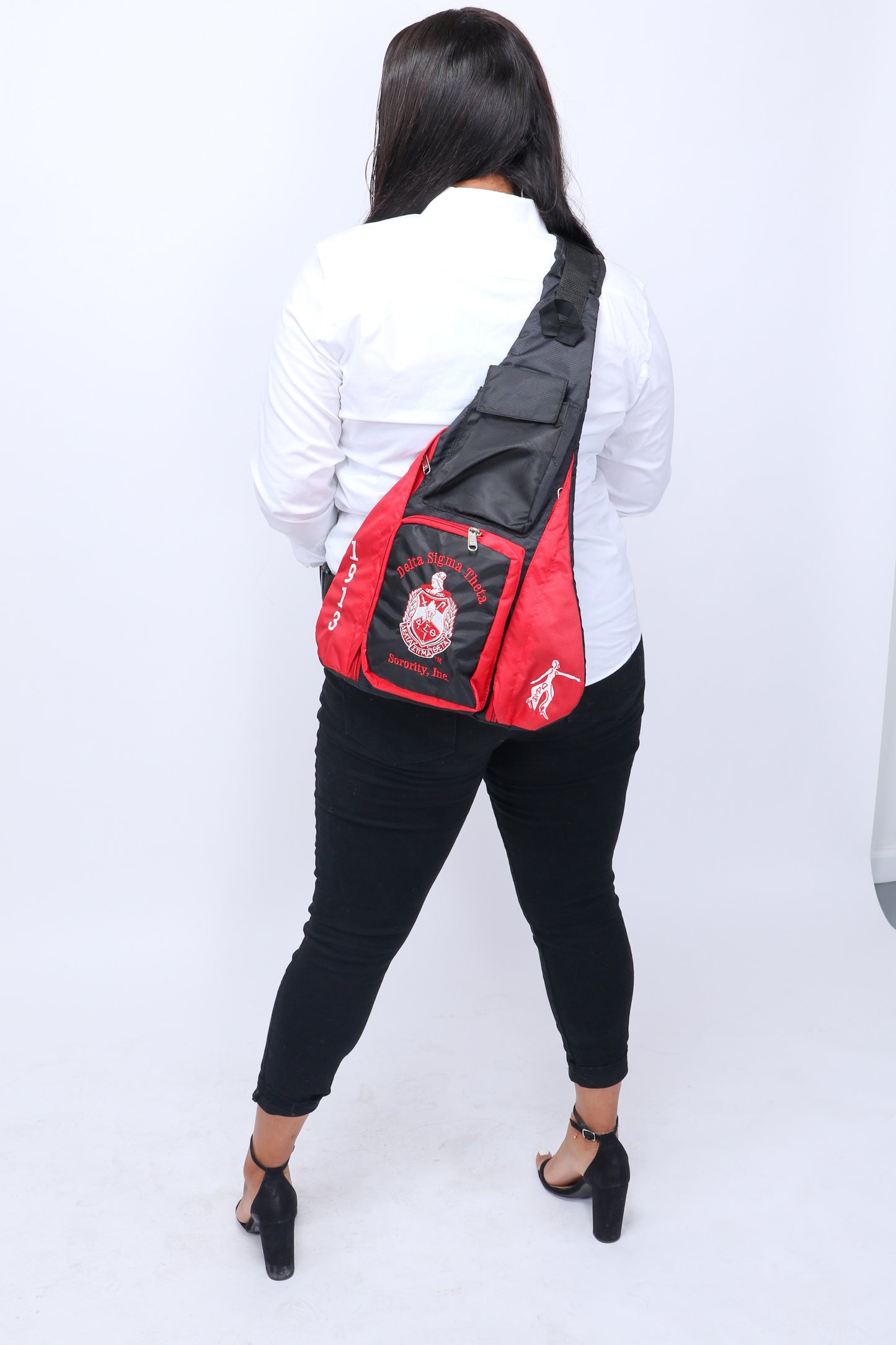 Delta Sigma Theta (ΔΣΘ) Red & Black, 1 Shoulder Crossbody GUITAR Sling/Shoulder bag with 5 External Pockets.