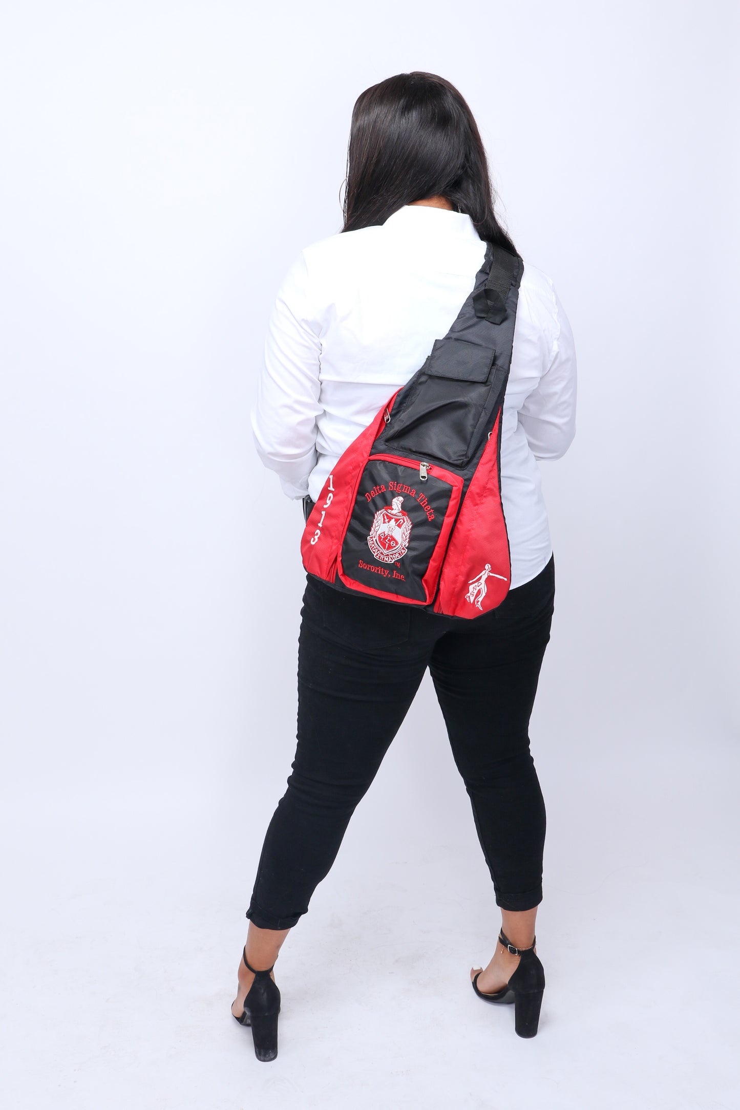 Delta Sigma Theta (ΔΣΘ) Red & Black, 1 Shoulder Crossbody GUITAR Sling/Shoulder bag with 5 External Pockets.