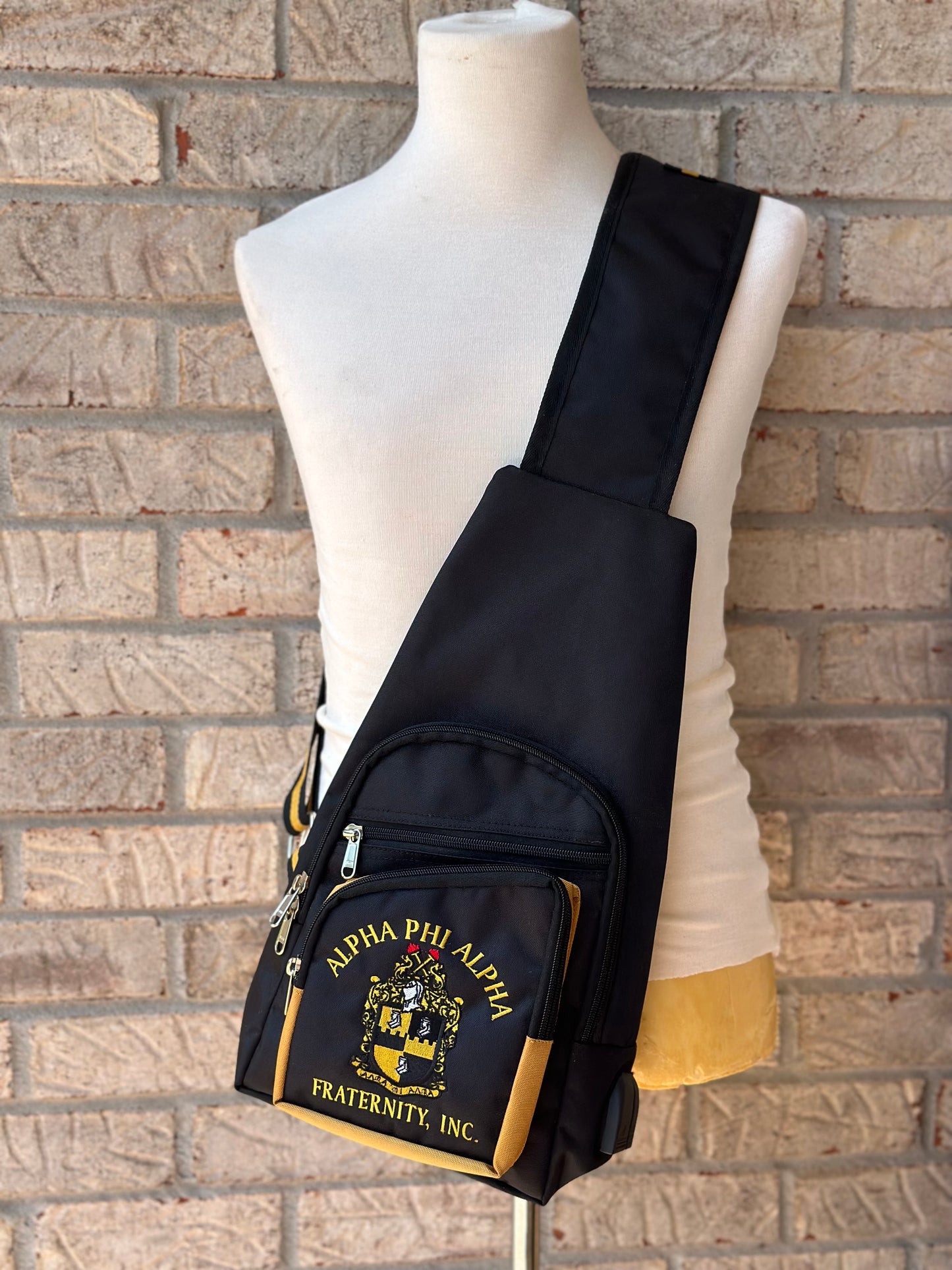 Alpha Phi Alpha (ΑΦΑ) Fraternity, single Shoulder Crossbody Sling/Shoulder bag with USB Port, Embroidered Organizational Shield in Front