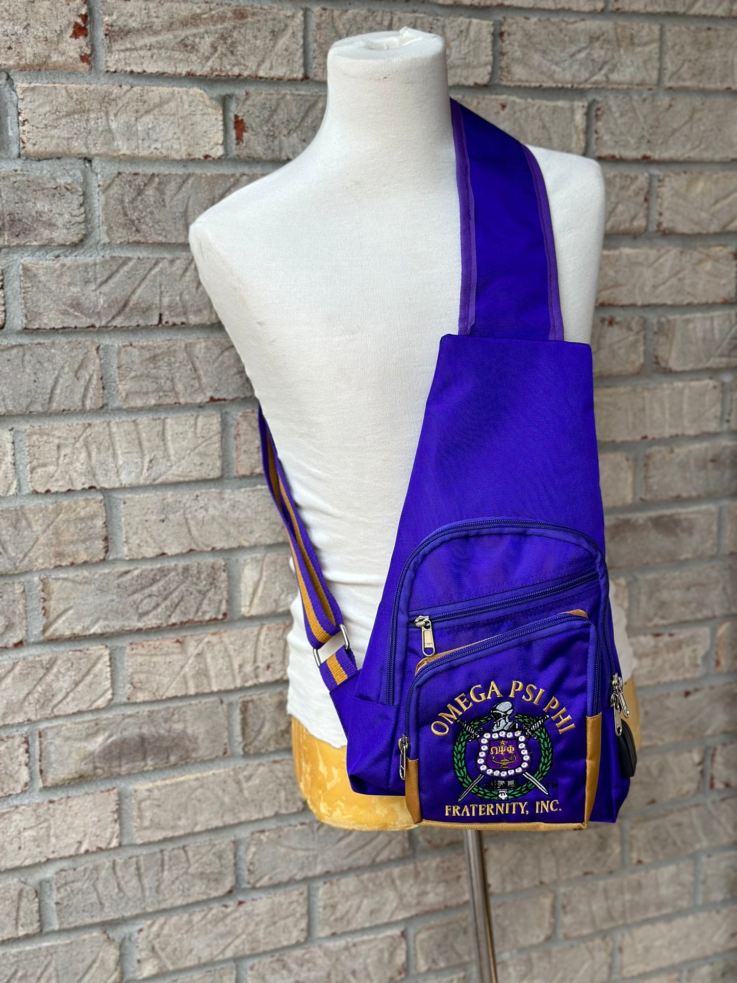 Omega Psi Phi (ΩΨΦ) Fraternity, single Shoulder Crossbody Sling/Shoulder bag with USB Port, Embroidered Organizational Shield in Front