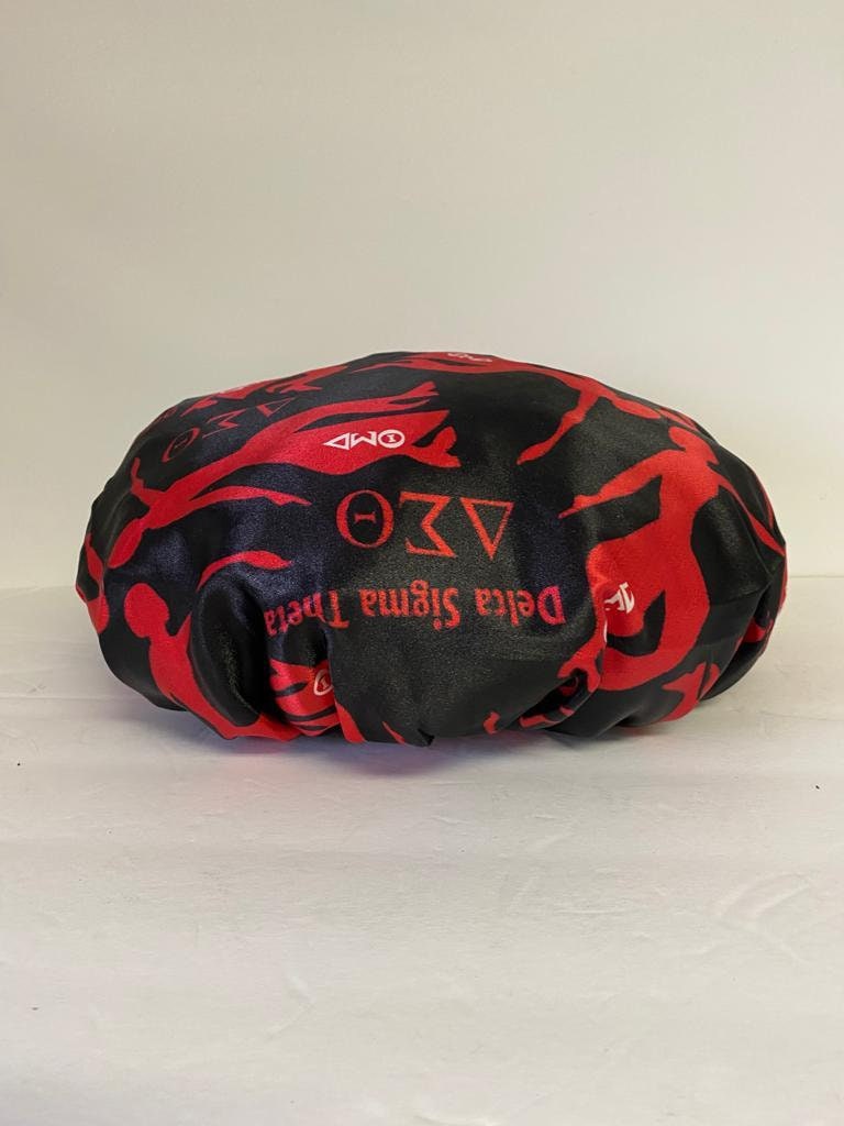 Delta Sigma Theta Sleeping Cap/Bonnet with Greek letters and Fortitude Lady printed on it, Satin Fabric, Soft Lycra Band, Red & Black Color.
