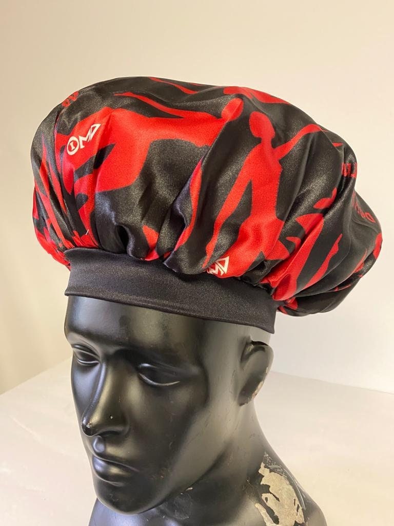 Delta Sigma Theta Sleeping Cap/Bonnet with Greek letters and Fortitude Lady printed on it, Satin Fabric, Soft Lycra Band, Red & Black Color.