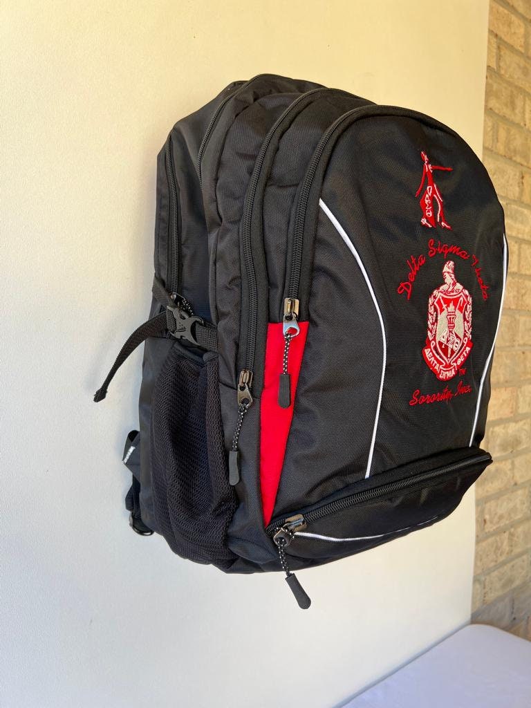 Delta Sigma Theta (DST) Black & Red Stylish, Polyester Fabric Coated College Backpack with laptop sleeves For Sorority Women, Made in India.