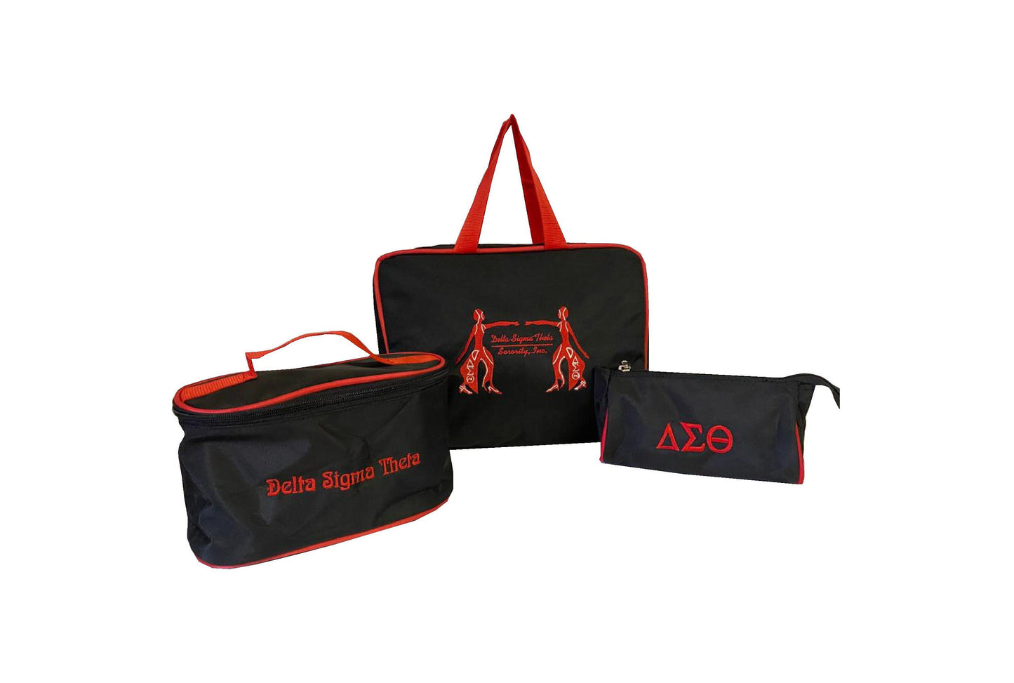 Delta Sigma Theta (DST) Red & Black Cosmetic Bag Set Makeup Organizer Travel Kit Polyester PVC Coated 3 Piece Set, Made in India.
