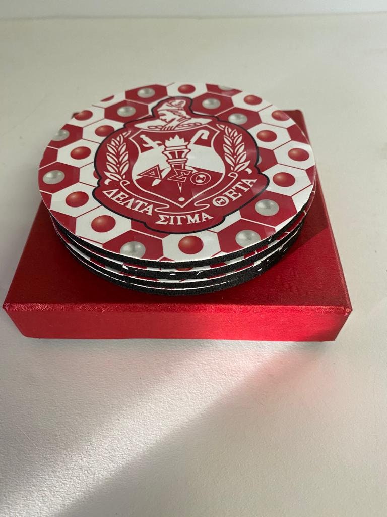 Delta Sigma Theta Red & White Sorority Glass Coaster set of 4 for Living Room, Bedrooms and Car, Coffee/Tea cup mat- Rubber material.