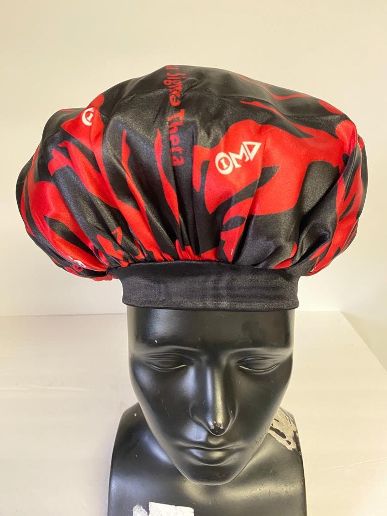 Delta Sigma Theta Sleeping Cap/Bonnet with Greek letters and Fortitude Lady printed on it, Satin Fabric, Soft Lycra Band, Red & Black Color.