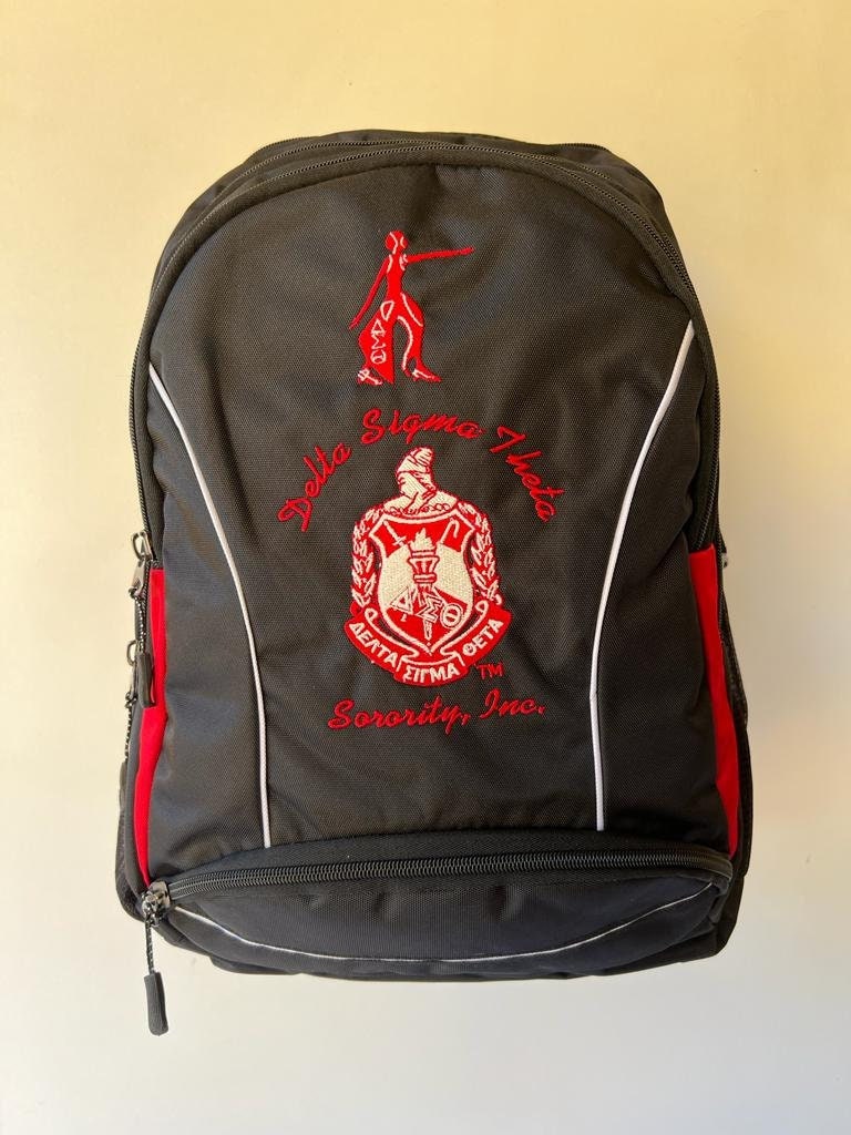 Delta Sigma Theta (DST) Black & Red Stylish, Polyester Fabric Coated College Backpack with laptop sleeves For Sorority Women, Made in India.
