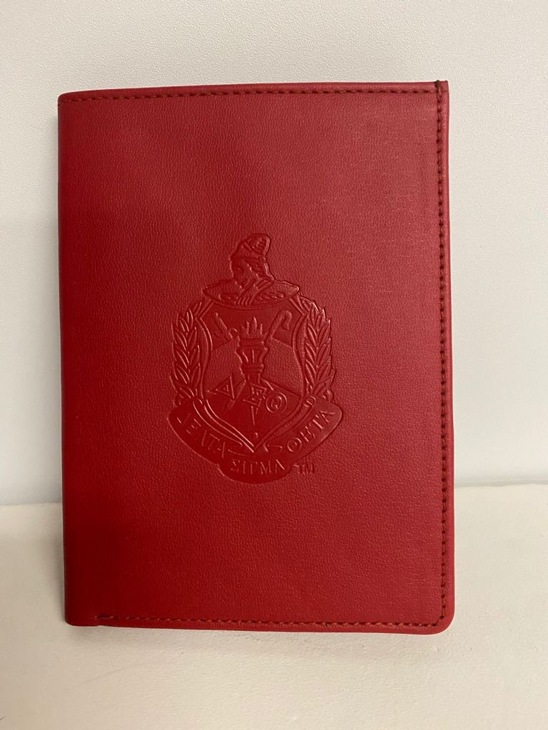 Delta Sigma Theta (ΔΣΘ) Sorority Leather Ritual Book Cover- organizational shield print on front Red Color.