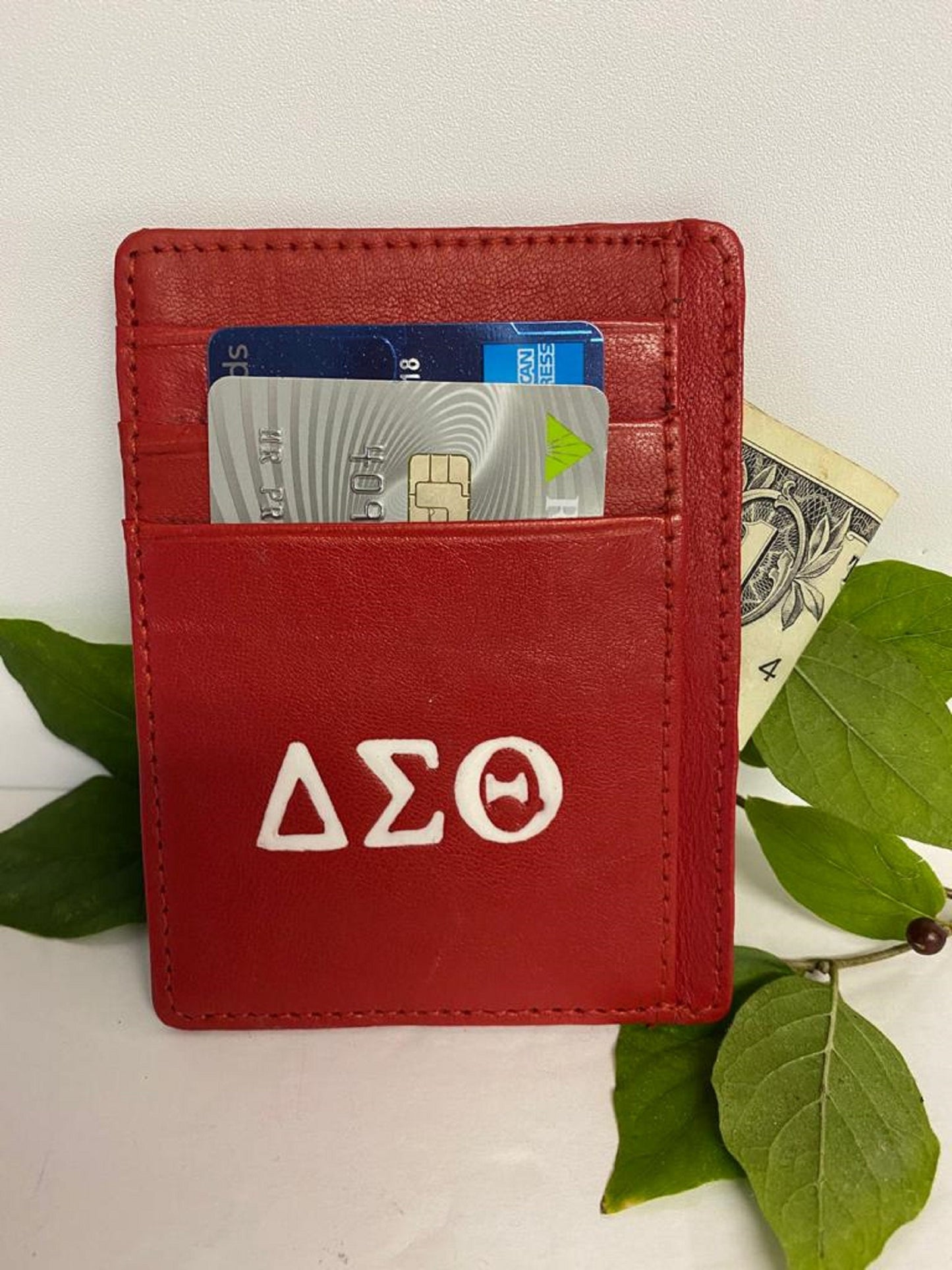 Delta Sigma Theta (ΔΣΘ) Sorority Red & White Pure Lamb Leather Card Holder/ Cash Holder/ Card case, Slim Wallet For Women, Made in India.