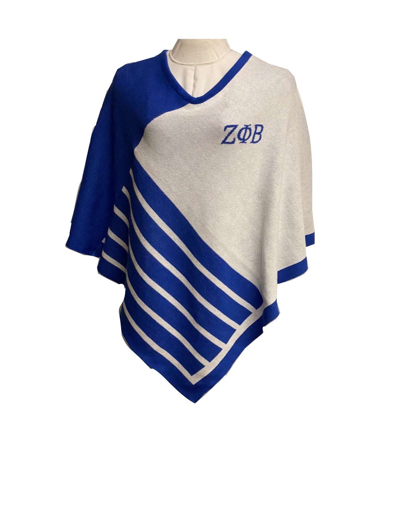 Zeta Phi Beta (ΖΦΒ) Blue & White knitted Cozy Wrap around/ cape/ shrug/ poncho For Women, Size Fits most, 100% Cotton Stylish, Made in INDIA
