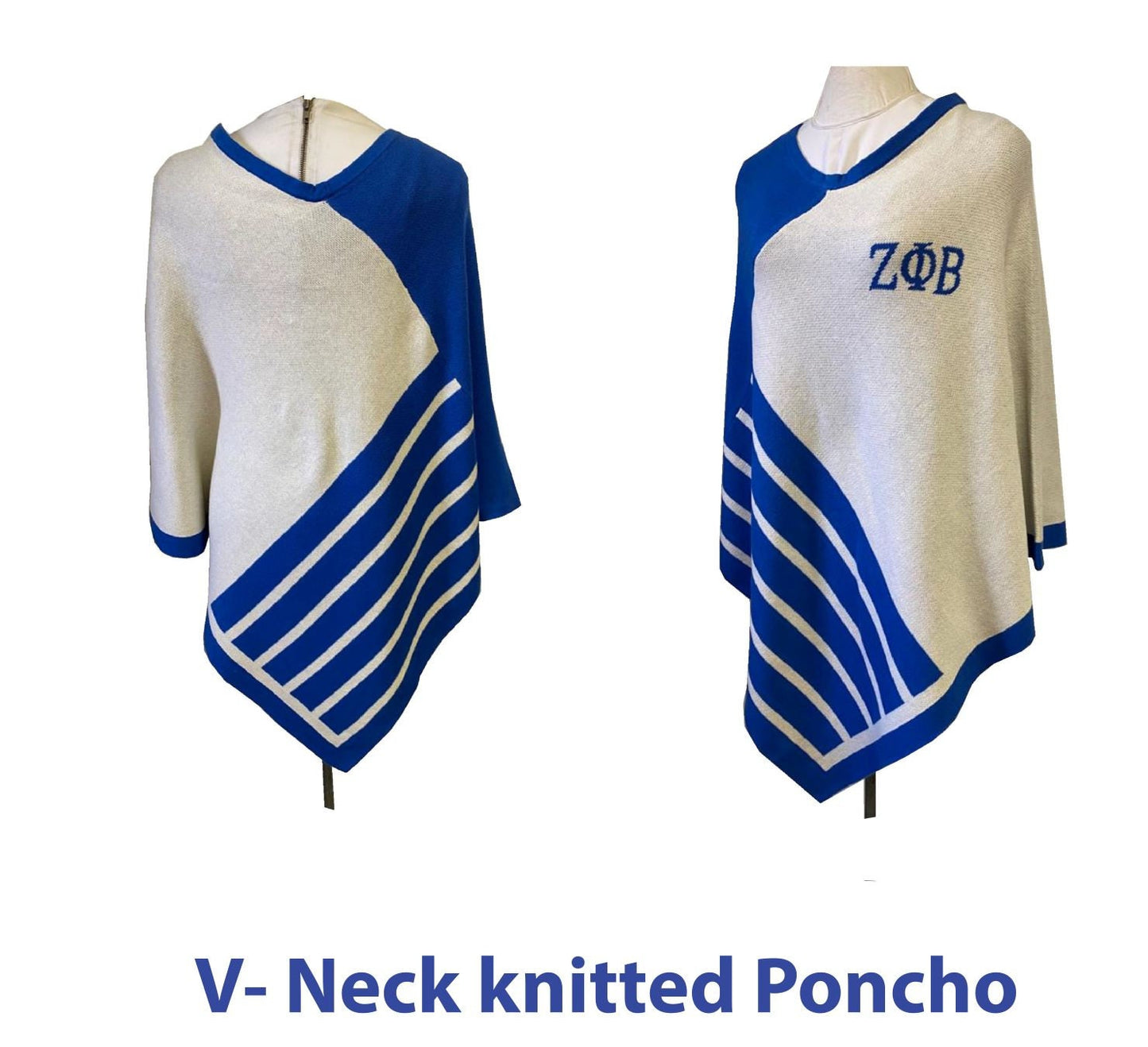 Zeta Phi Beta (ΖΦΒ) Blue & White knitted Cozy Wrap around/ cape/ shrug/ poncho For Women, Size Fits most, 100% Cotton Stylish, Made in INDIA