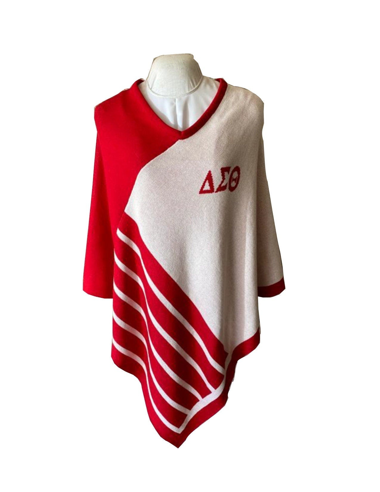 Delta Sigma Theta ΔΣΘ Red & White Knitted Poncho/Cape -V neck poncho For Women.