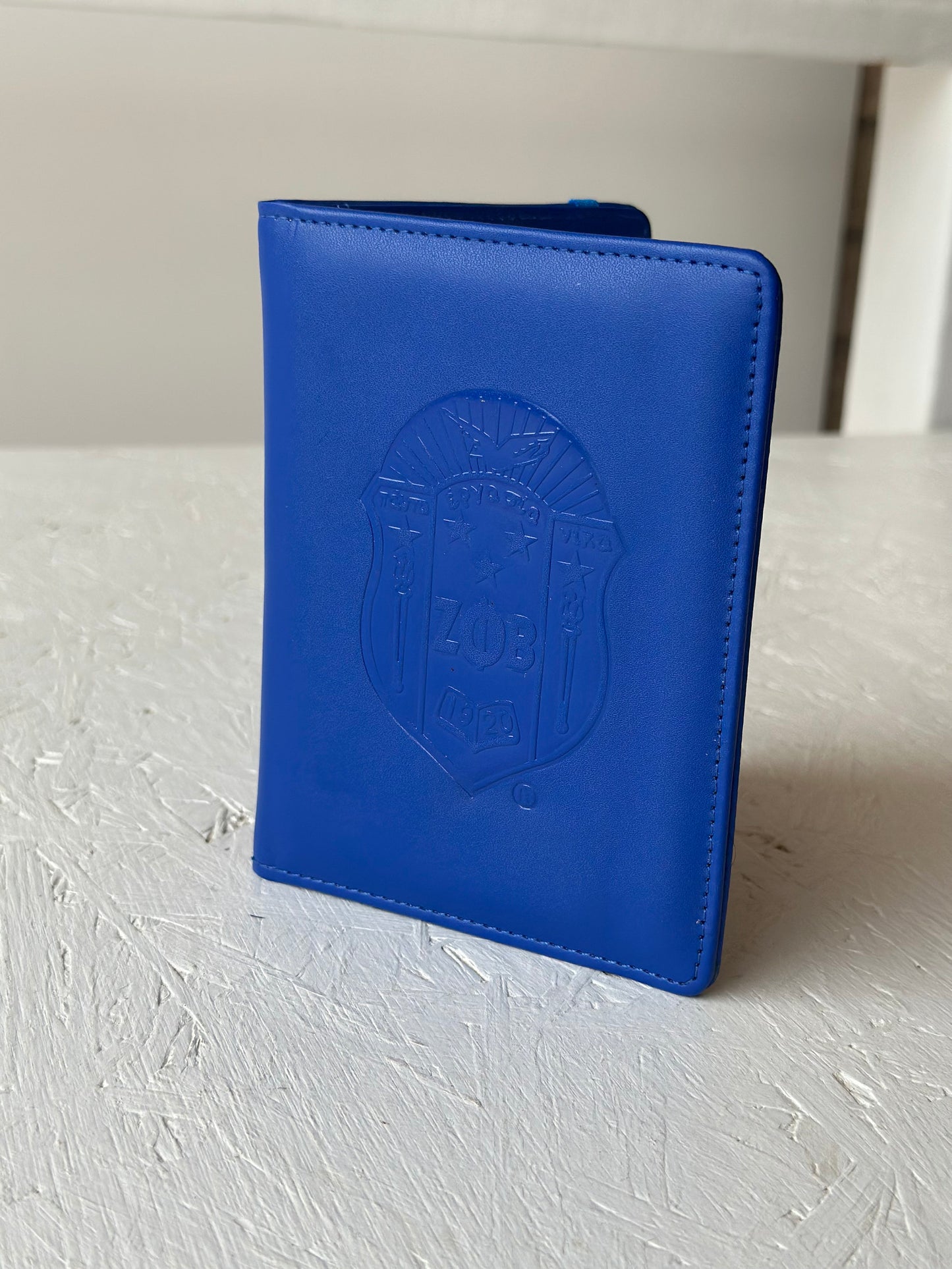 Zeta Phi Beta (ΖΦΒ) Sorority Artificial Leather Passport Cover- organizational shield print on front. Blue Color.