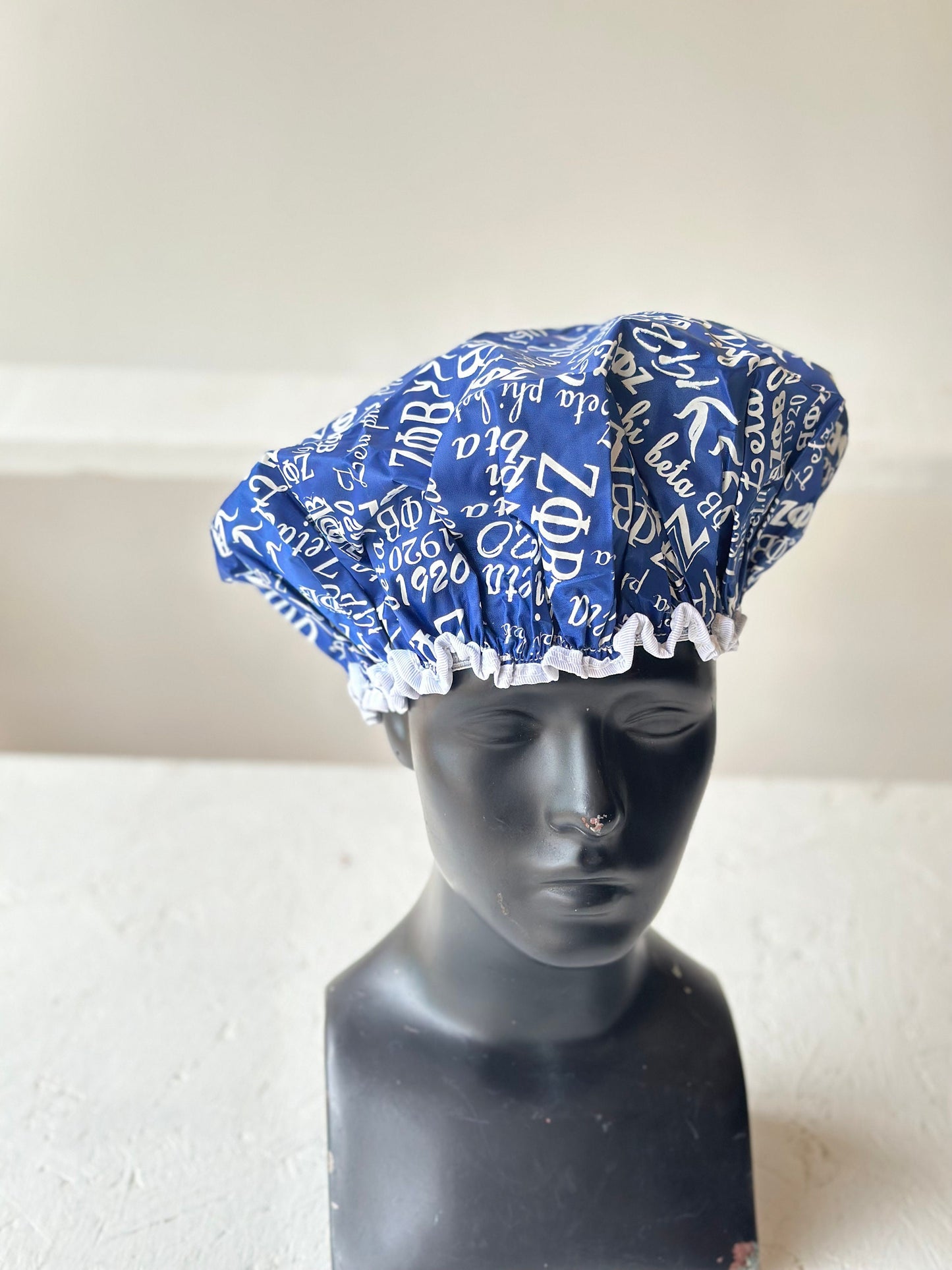 Zeta Phi Beta Shower Cap, Blue and white color Double Layer, with organization name, founding year and Greek letters for Women.