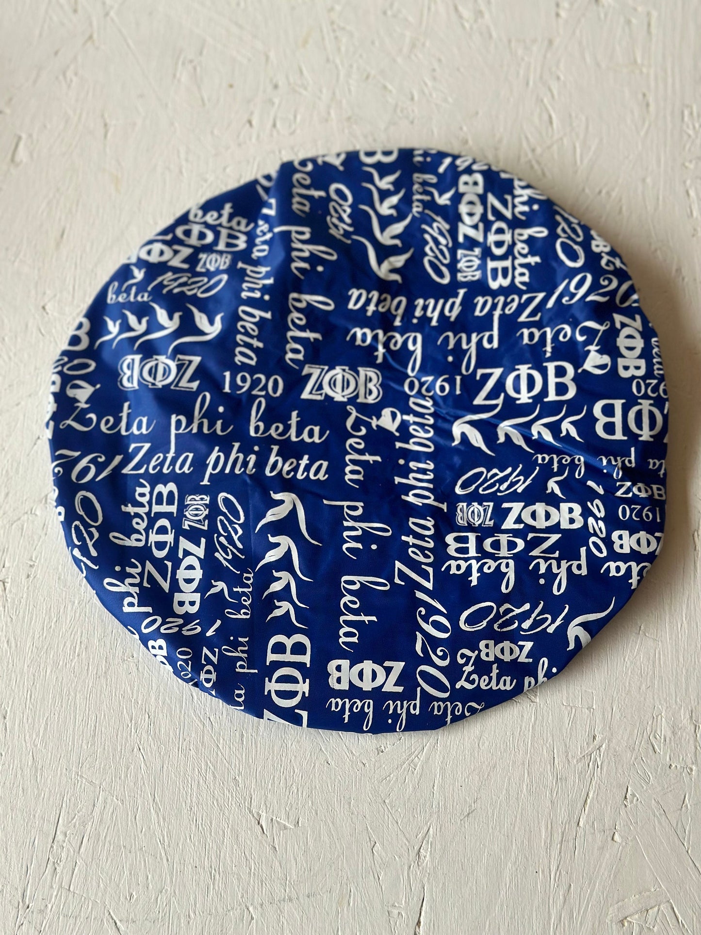 Zeta Phi Beta Shower Cap, Blue and white color Double Layer, with organization name, founding year and Greek letters for Women.