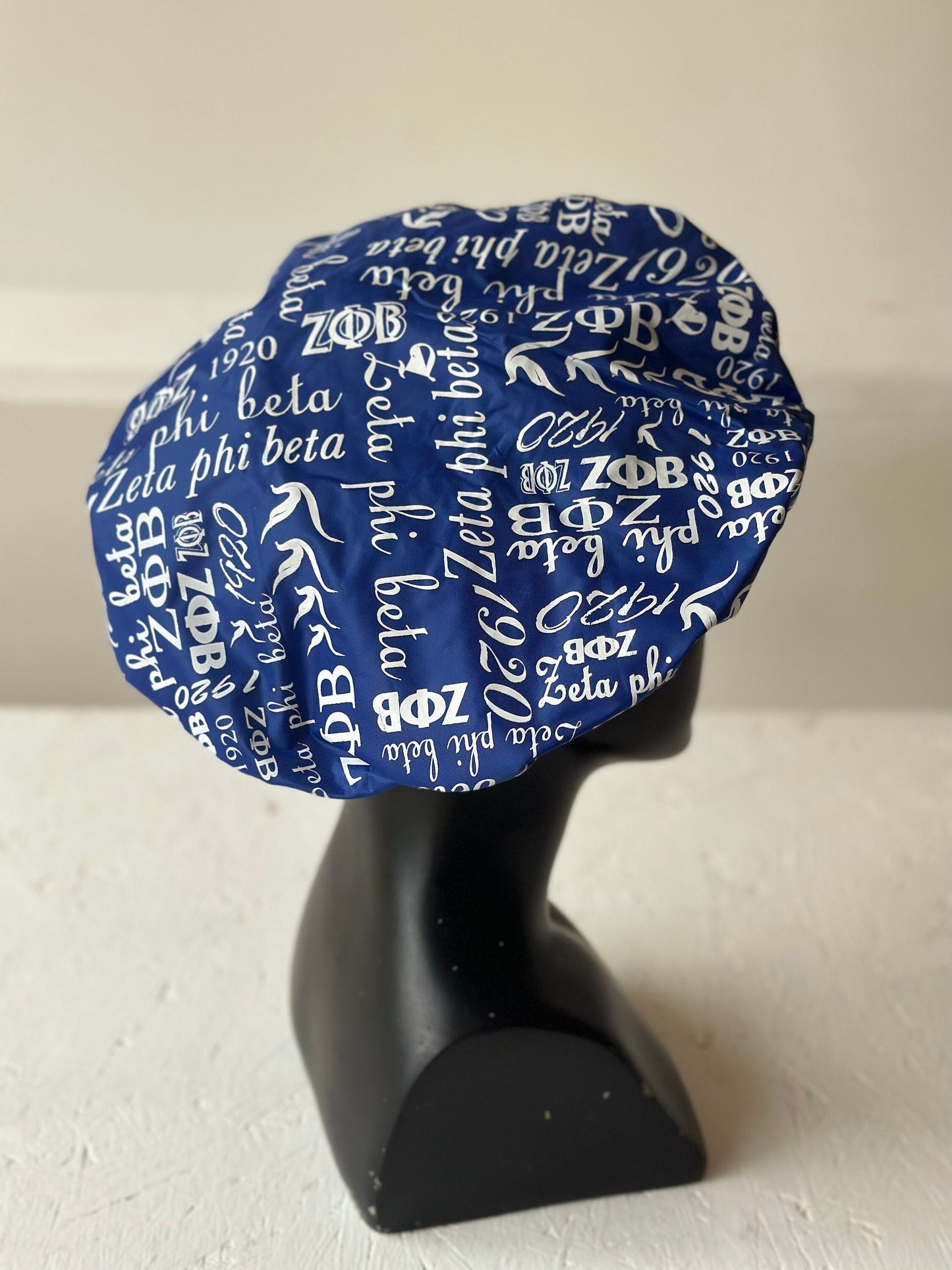 Zeta Phi Beta Shower Cap, Blue and white color Double Layer, with organization name, founding year and Greek letters for Women.