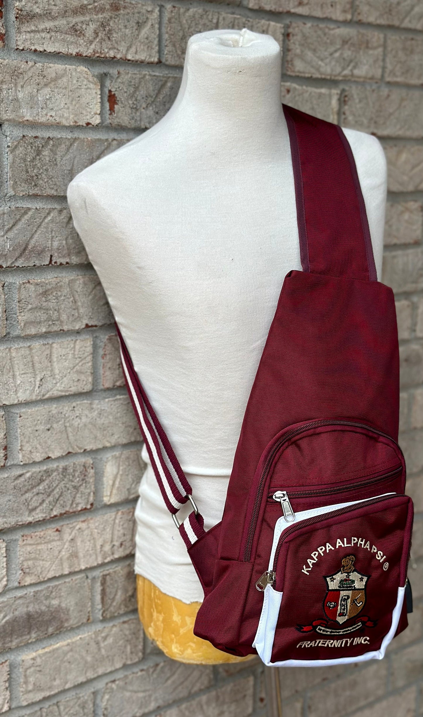 Kappa Alpha Psi Fraternity, single Shoulder Crossbody Sling/Shoulder bag with USB Port, Embroidered Organizational Shield in Front