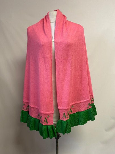 Alpha Kappa Alpha (AKA) Pink & Green Knitted Wrap/ Shrug/ Poncho with frill having Greek letter on the bottom, 100% Cotton, Made in India.