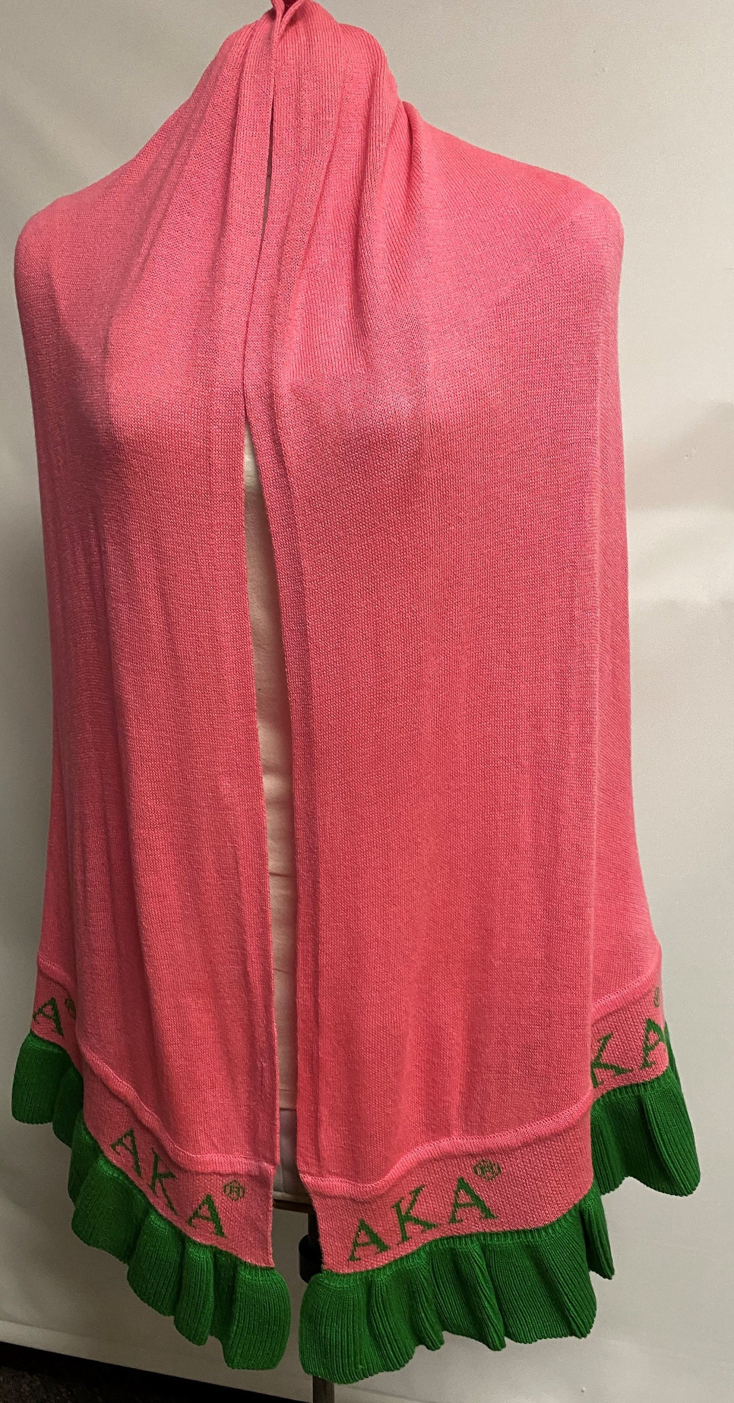 Alpha Kappa Alpha (AKA) Pink & Green Knitted Wrap/ Shrug/ Poncho with frill having Greek letter on the bottom, 100% Cotton, Made in India.