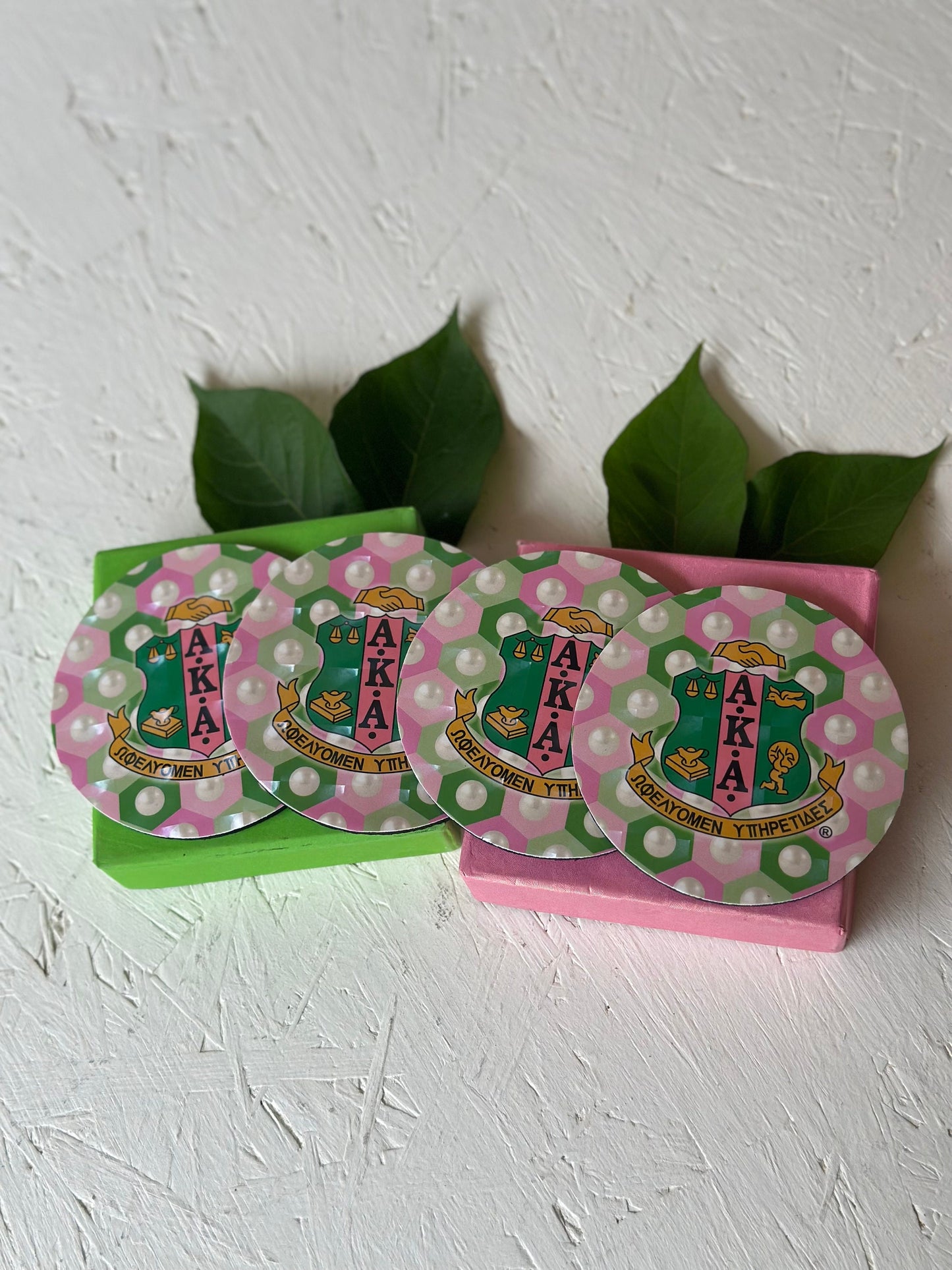 Alpha Kappa Alpha (AKA) Pink & Green Glass Coaster set of 4 for Living Room, Bedrooms and Car, Coffee/Tea cup mat- Rubber material.