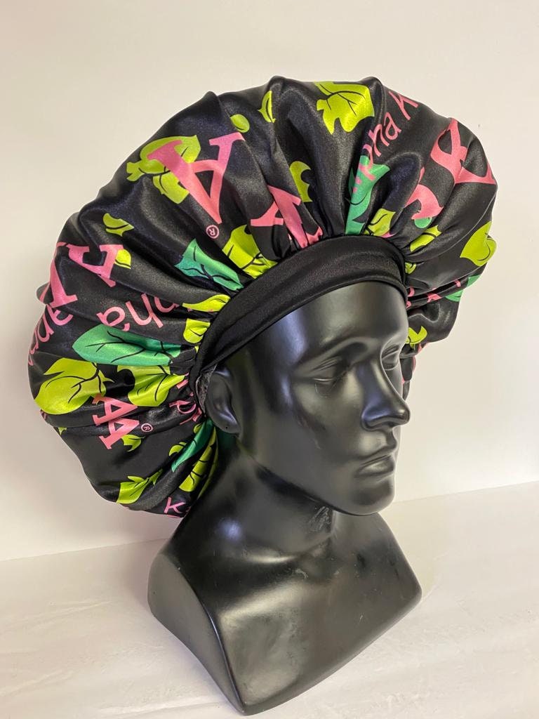 Alpha Kappa Alpha Sleeping Cap/Bonnet with Greek letters and Organizational shield printed on it, Satin Fabric, Soft Lycra Band Pink & Black