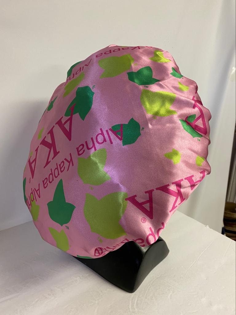 Alpha Kappa Alpha Sleeping Cap/Bonnet with Greek letters and Organizational shield printed on it, Satin Fabric, Soft Lycra Band Pink & Black
