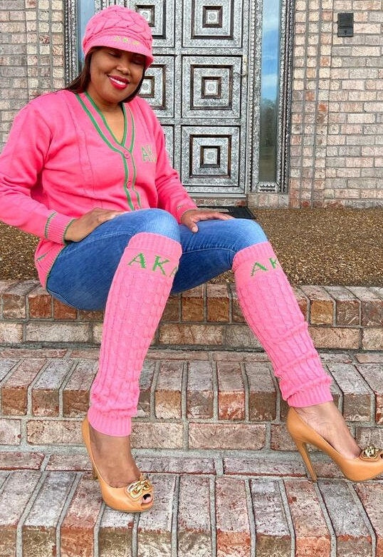 Alpha Kappa Alpha (AKA) Sorority Pink & Black Color hand Knitted Leg Warmers, Warm Socks In Autumn And Winter For Women, Made in India.