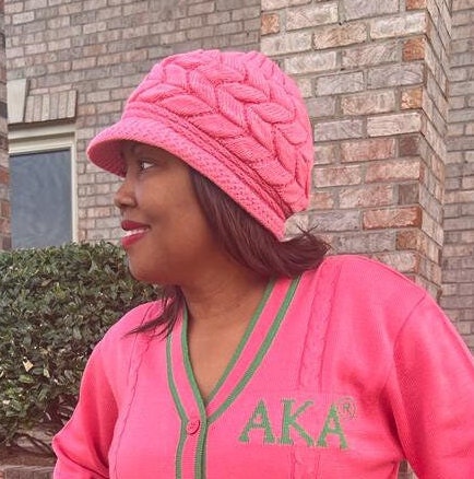 Alpha Kappa Alpha (AKA) Sorority Pink and Black color Acrylic woolen Cap/Winter hat with Greek letters on it, Reusable & Washable