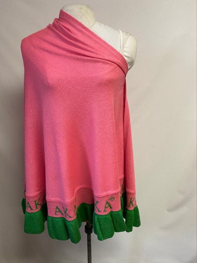 Alpha Kappa Alpha (AKA) Pink & Green Knitted Wrap/ Shrug/ Poncho with frill having Greek letter on the bottom, 100% Cotton, Made in India.