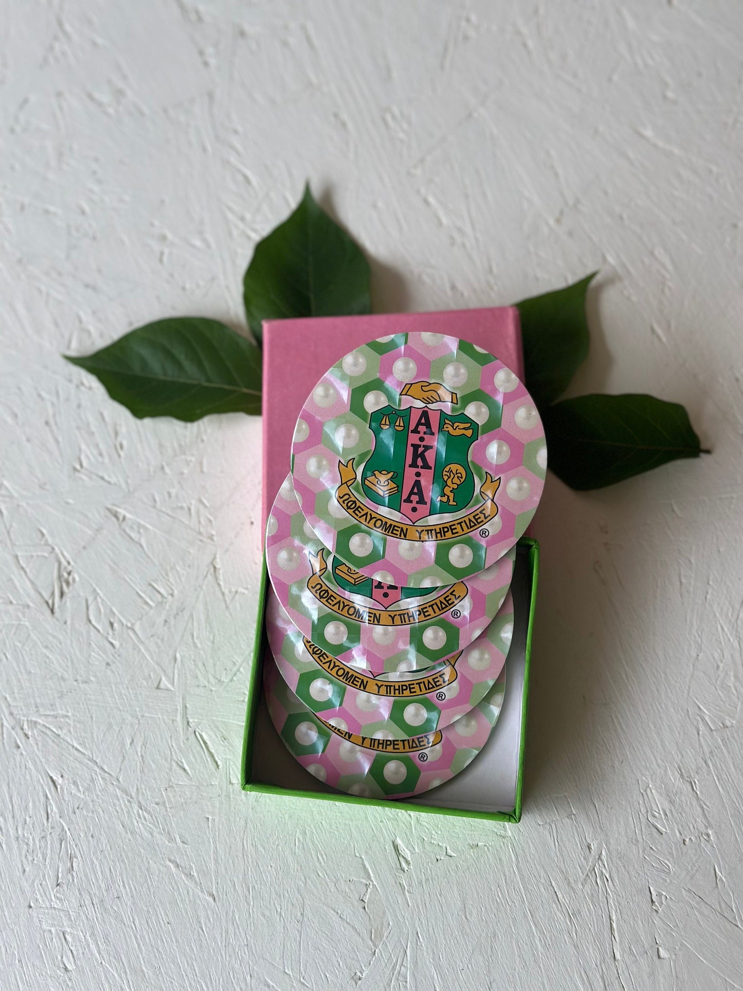 Alpha Kappa Alpha (AKA) Pink & Green Glass Coaster set of 4 for Living Room, Bedrooms and Car, Coffee/Tea cup mat- Rubber material.