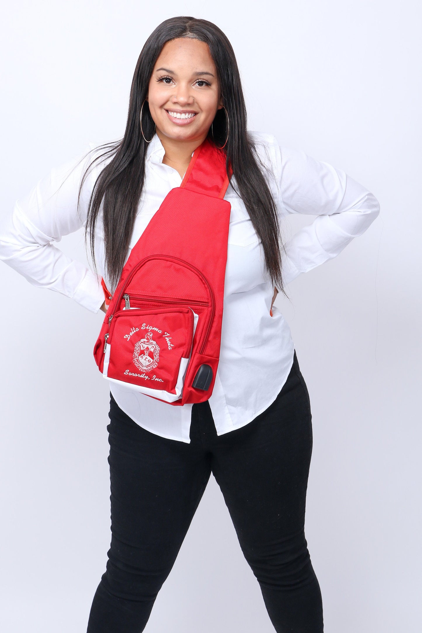 Delta Sigma Theta Black&Red, 1 Shoulder Crossbody Sling/Shoulder bag with USB Port,Embroidered Organizational Shield in Front,Made in India.