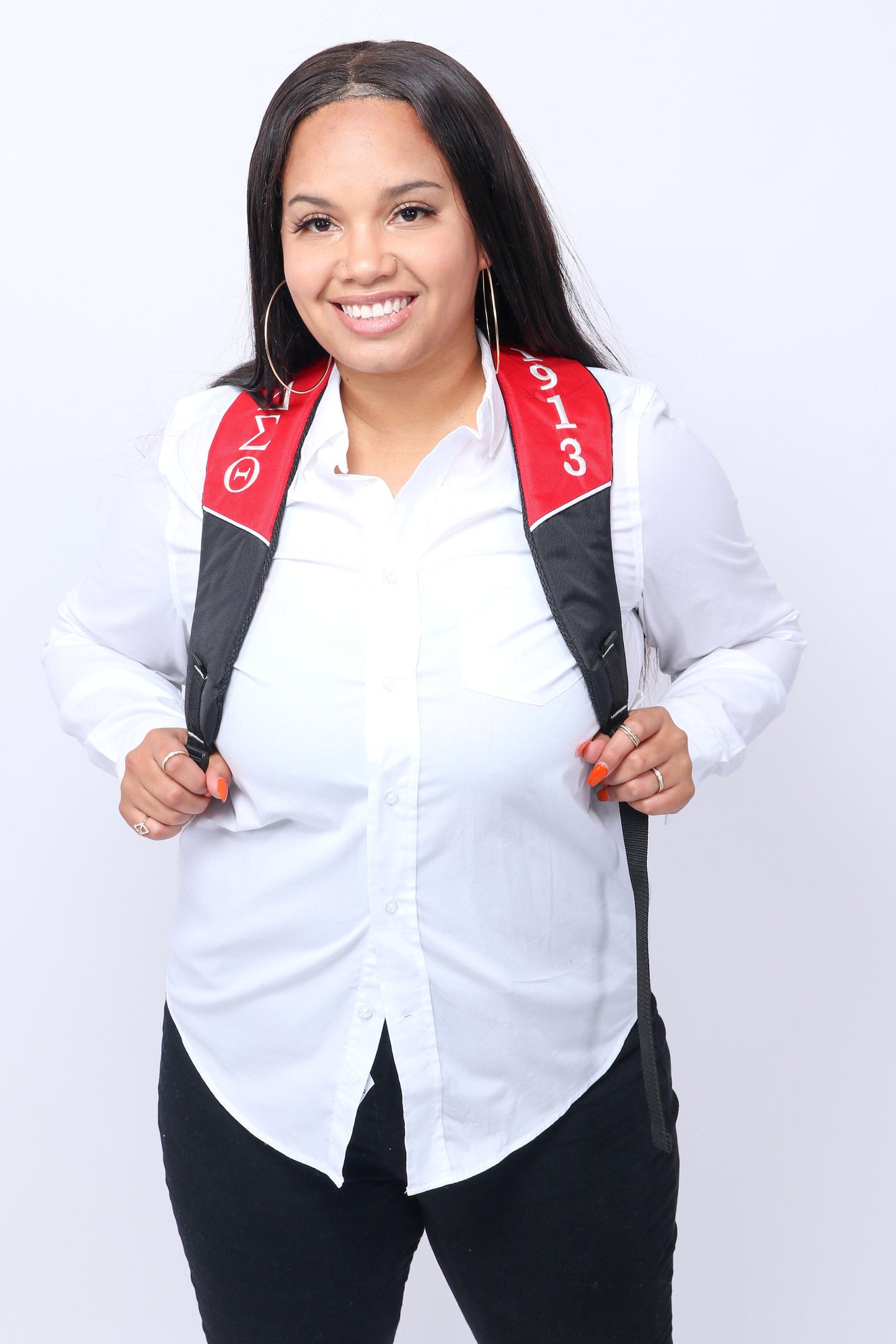 Delta Sigma Theta (DST) Black & Red Stylish, Polyester Fabric Coated College Backpack with laptop sleeves For Sorority Women, Made in India.