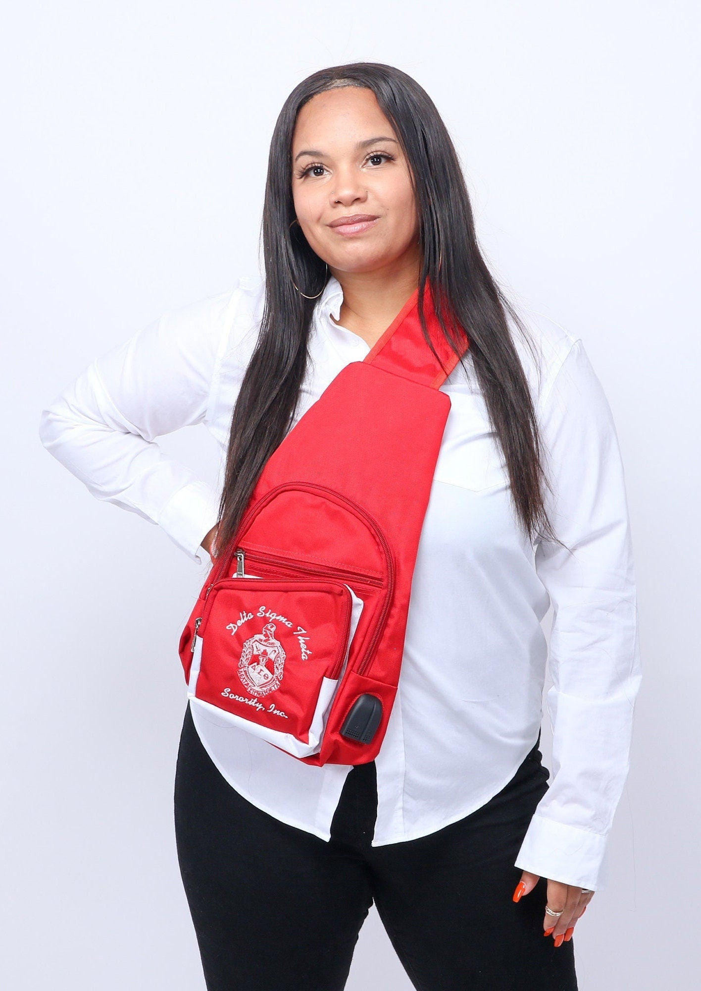 Delta Sigma Theta Black&Red, 1 Shoulder Crossbody Sling/Shoulder bag with USB Port,Embroidered Organizational Shield in Front,Made in India.