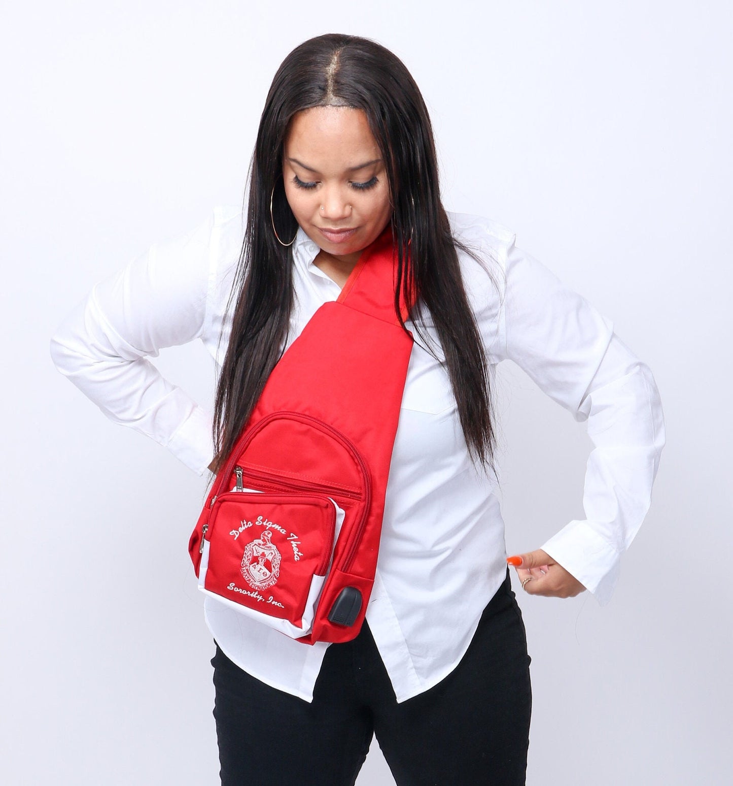 Delta Sigma Theta Black&Red, 1 Shoulder Crossbody Sling/Shoulder bag with USB Port,Embroidered Organizational Shield in Front,Made in India.