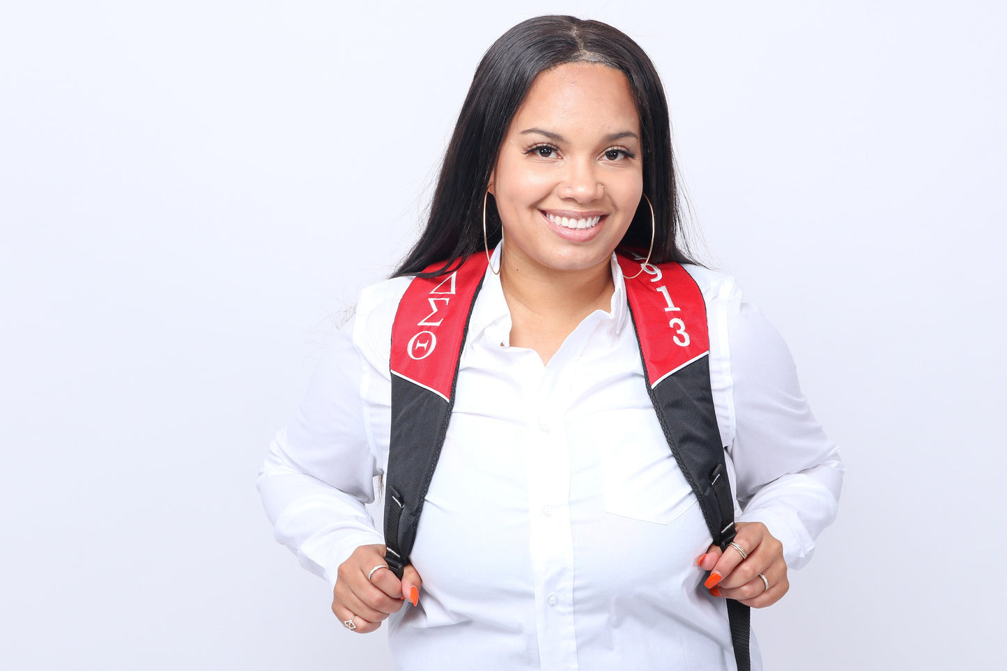 Delta Sigma Theta (DST) Black & Red Stylish, Polyester Fabric Coated College Backpack with laptop sleeves For Sorority Women, Made in India.