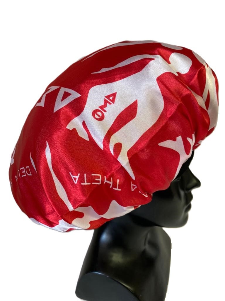 Delta Sigma Theta Sleeping Cap/Bonnet with Greek letters and Fortitude Lady printed on it, Satin Fabric, Soft Lycra Band, White & Red Color.