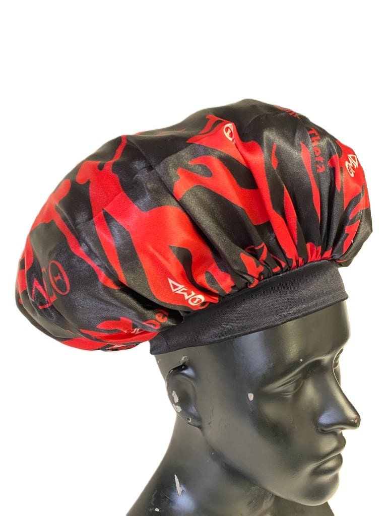 Delta Sigma Theta Sleeping Cap/Bonnet with Greek letters and Fortitude Lady printed on it, Satin Fabric, Soft Lycra Band, Red & Black Color.