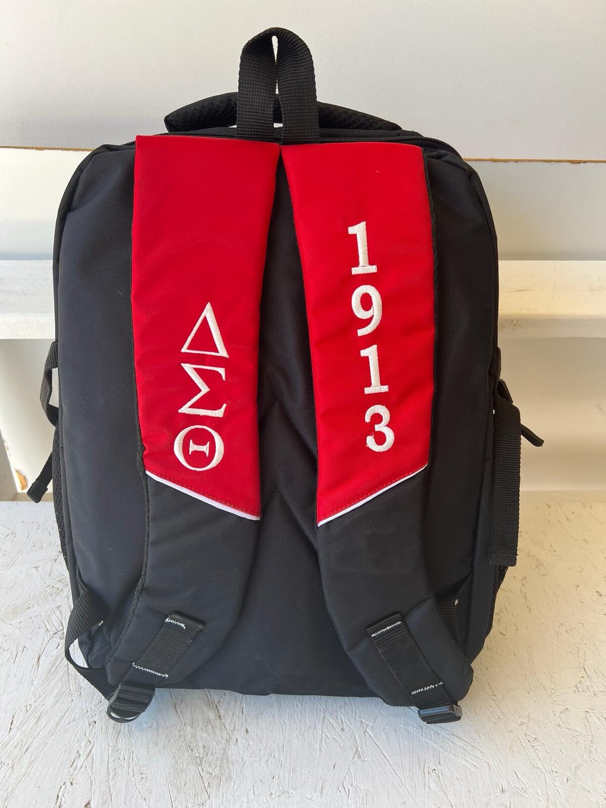 Delta Sigma Theta (DST) Sorority Red & Black Stylish, Polyester Fabric Coated College Backpack with laptop sleeves For Women.