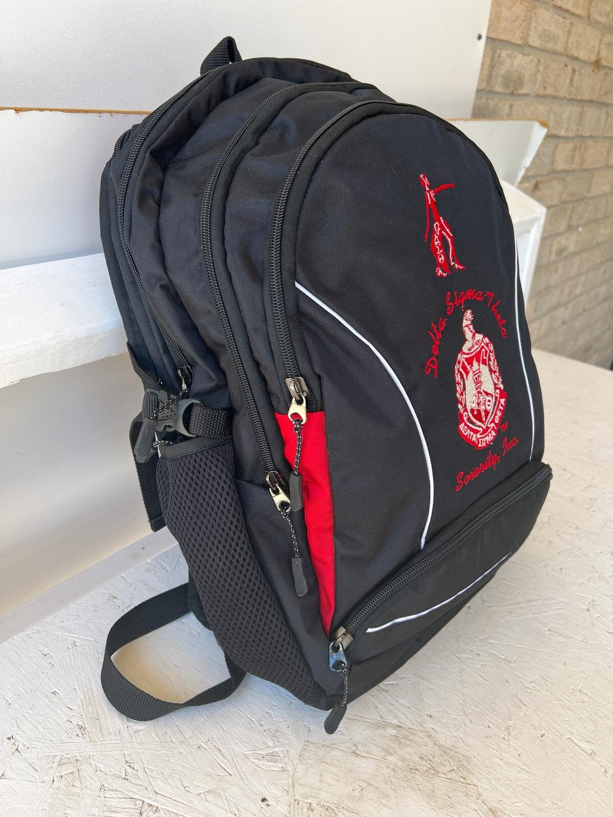 Delta Sigma Theta (DST) Sorority Red & Black Stylish, Polyester Fabric Coated College Backpack with laptop sleeves For Women.