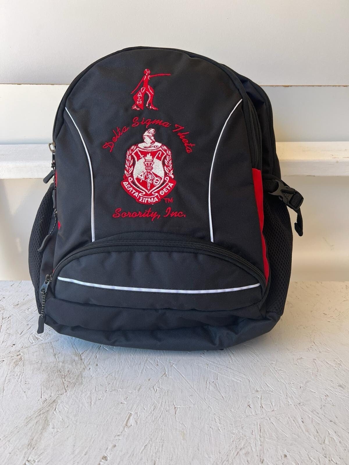 Delta Sigma Theta (DST) Sorority Red & Black Stylish, Polyester Fabric Coated College Backpack with laptop sleeves For Women.