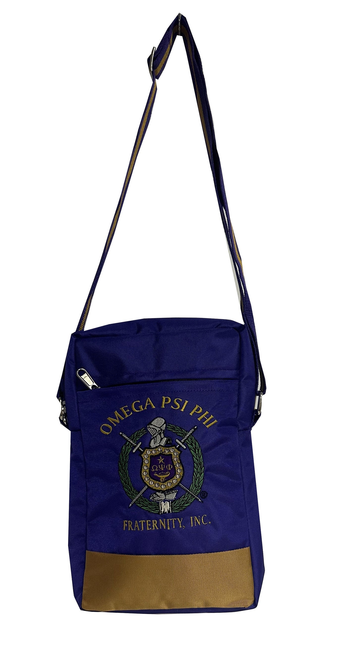 Omega Psi Phi (ΩΨΦ) Fraternity, single Shoulder Crossbody Sling/Shoulder SIDE bag, Embroidered Organizational Shield in Front