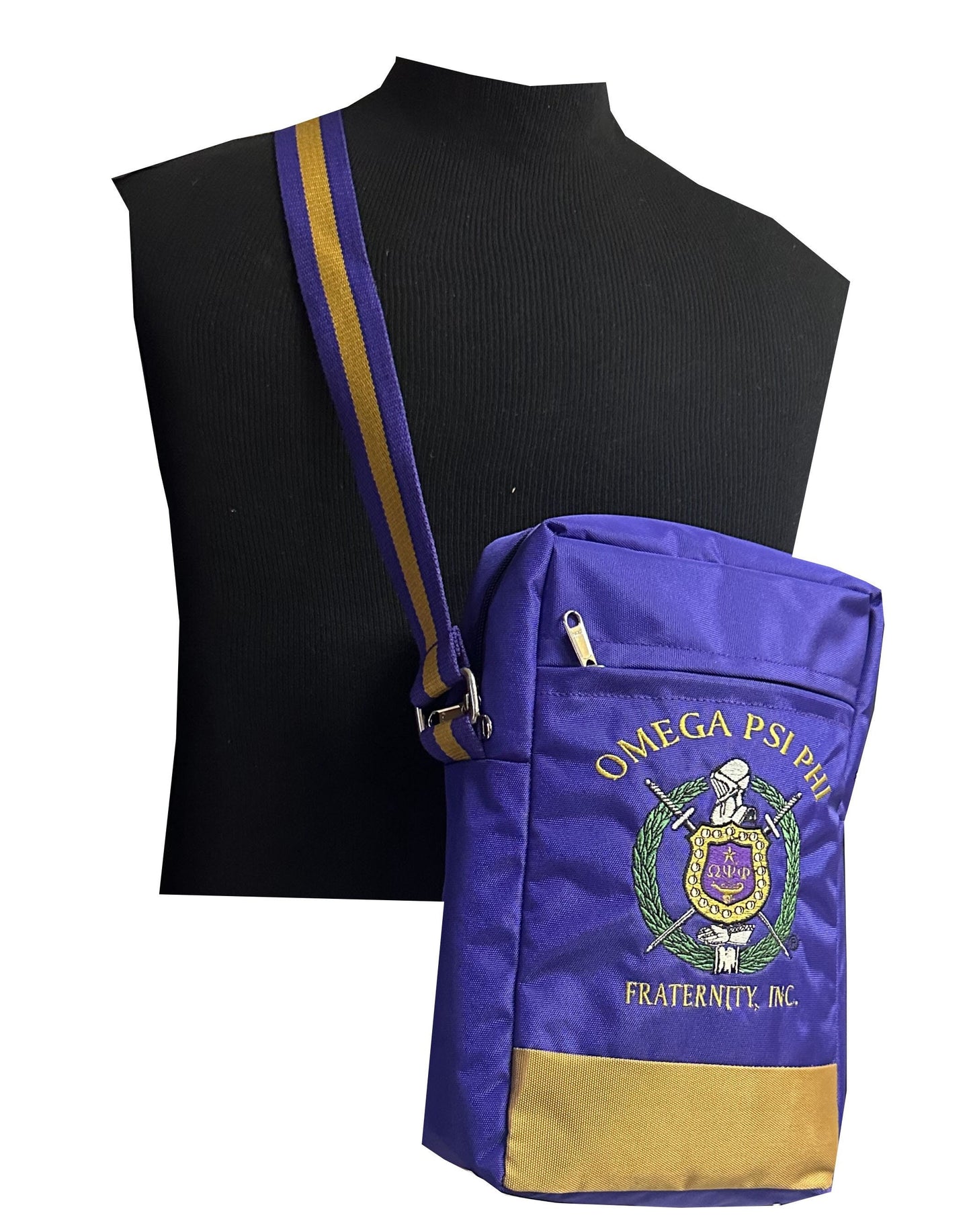 Omega Psi Phi (ΩΨΦ) Fraternity, single Shoulder Crossbody Sling/Shoulder SIDE bag, Embroidered Organizational Shield in Front