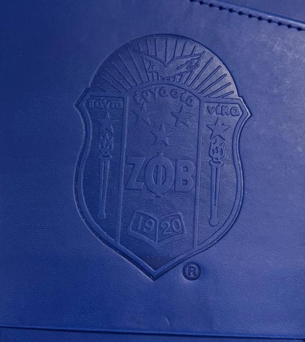 Zeta Phi Beta (ZOB) Sorority Artificial Leather Notebook- organizational shield print on front Blue Color.