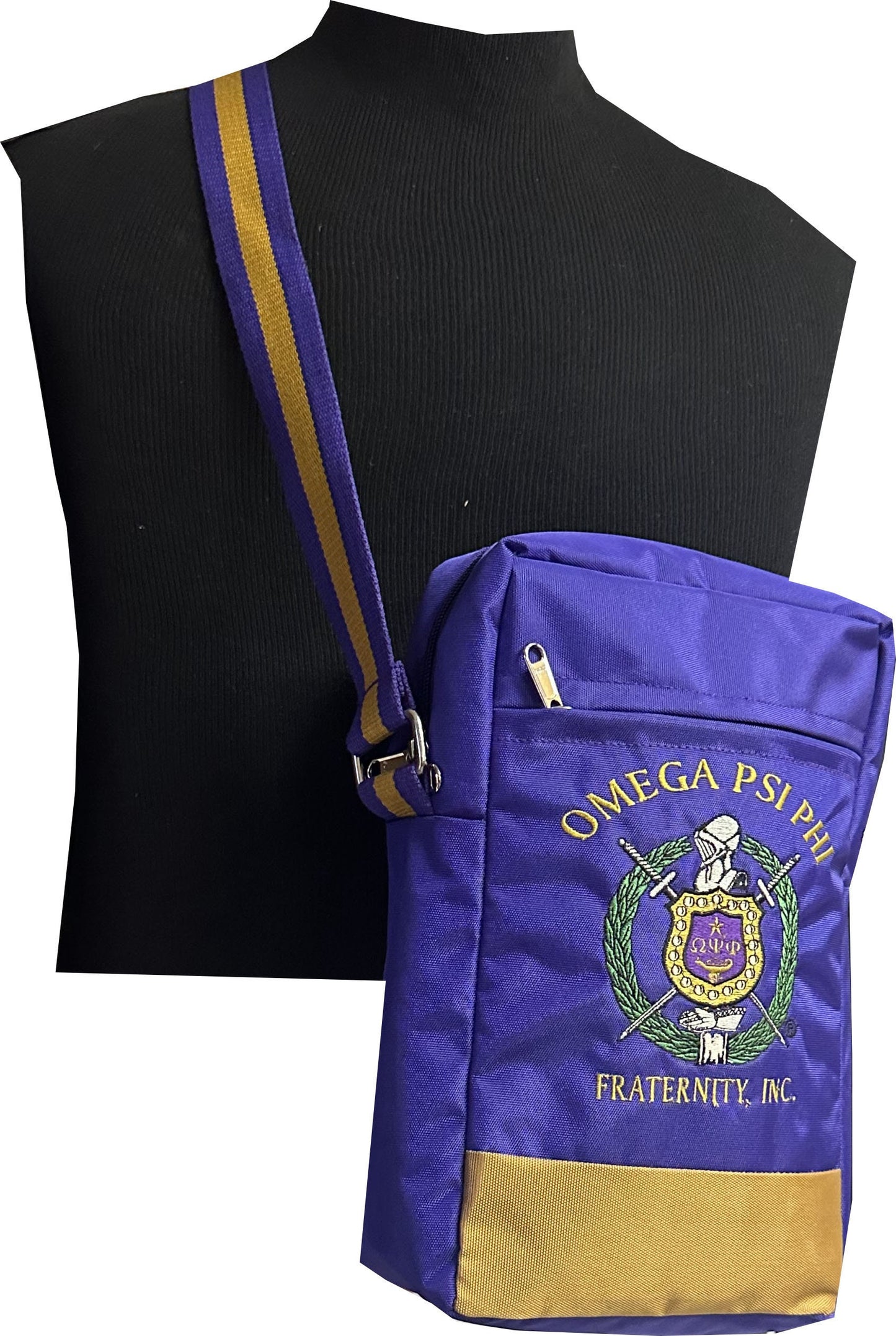 Omega Psi Phi (ΩΨΦ) Fraternity, single Shoulder Crossbody Sling/Shoulder SIDE bag, Embroidered Organizational Shield in Front