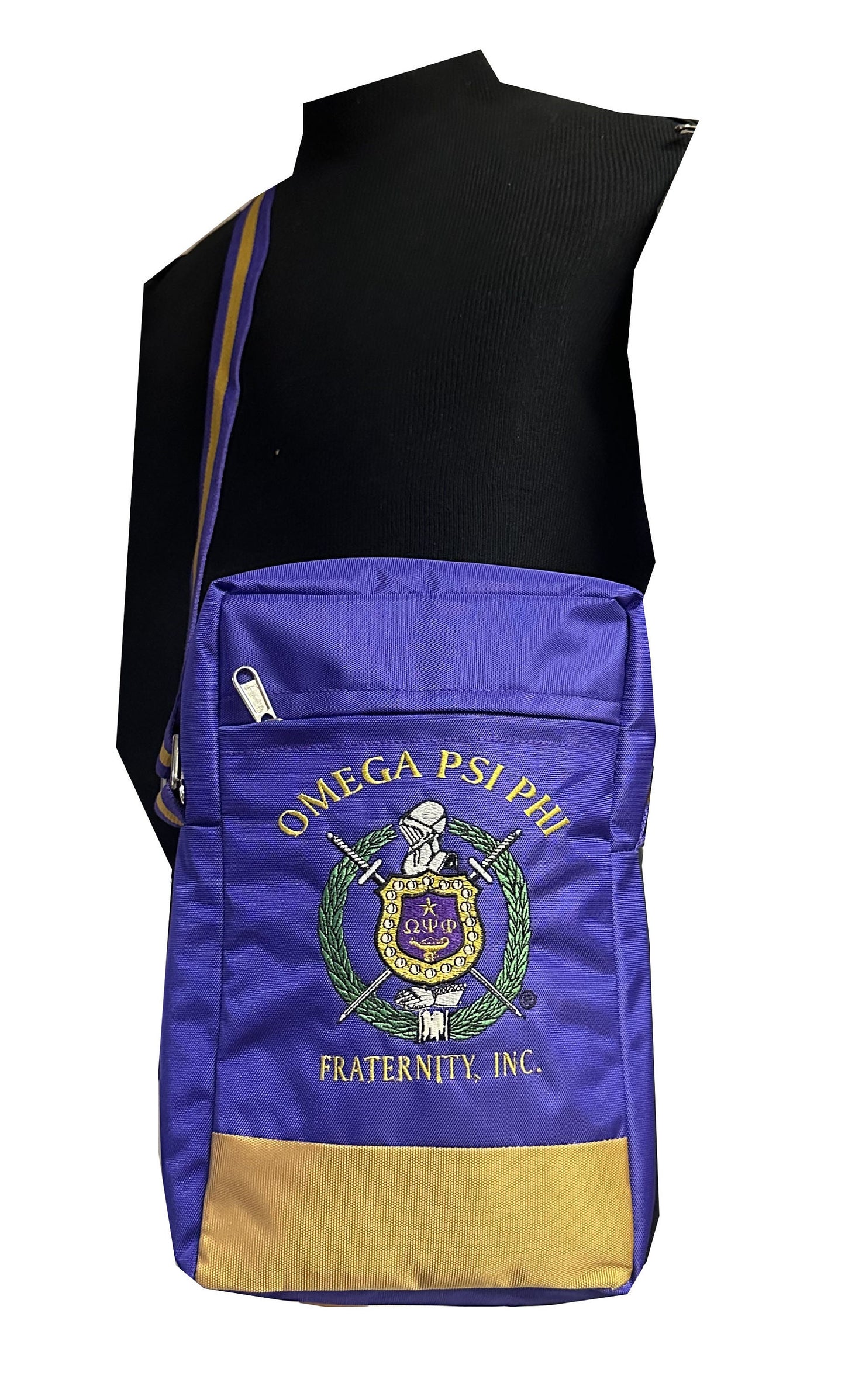 Omega Psi Phi (ΩΨΦ) Fraternity, single Shoulder Crossbody Sling/Shoulder SIDE bag, Embroidered Organizational Shield in Front