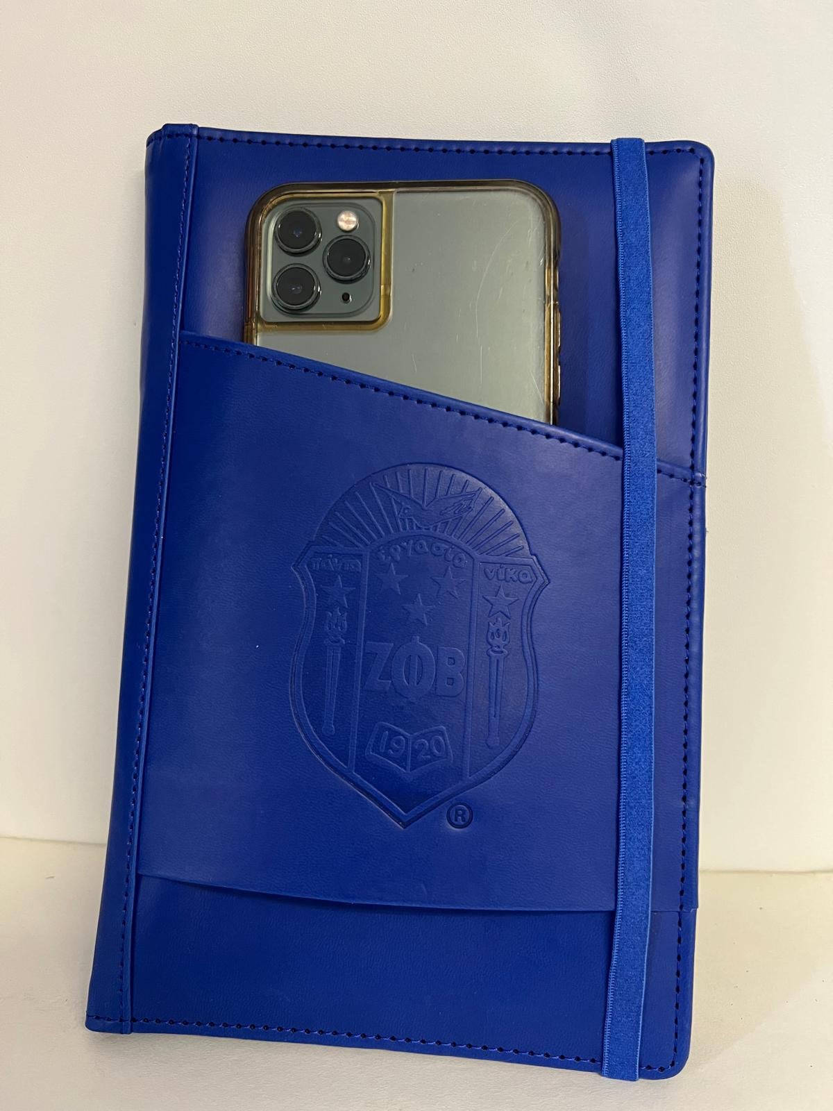 Zeta Phi Beta (ZOB) Sorority Artificial Leather Notebook- organizational shield print on front Blue Color.