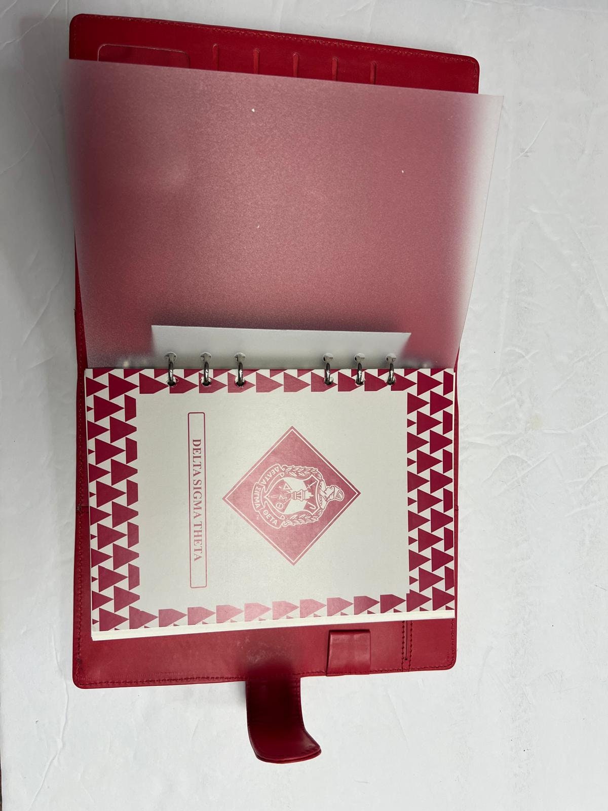 Delta Sigma Theta (ΔΣΘ) Sorority Artificial Leather Planner with calendar- organizational shield print on front Red Color 2025