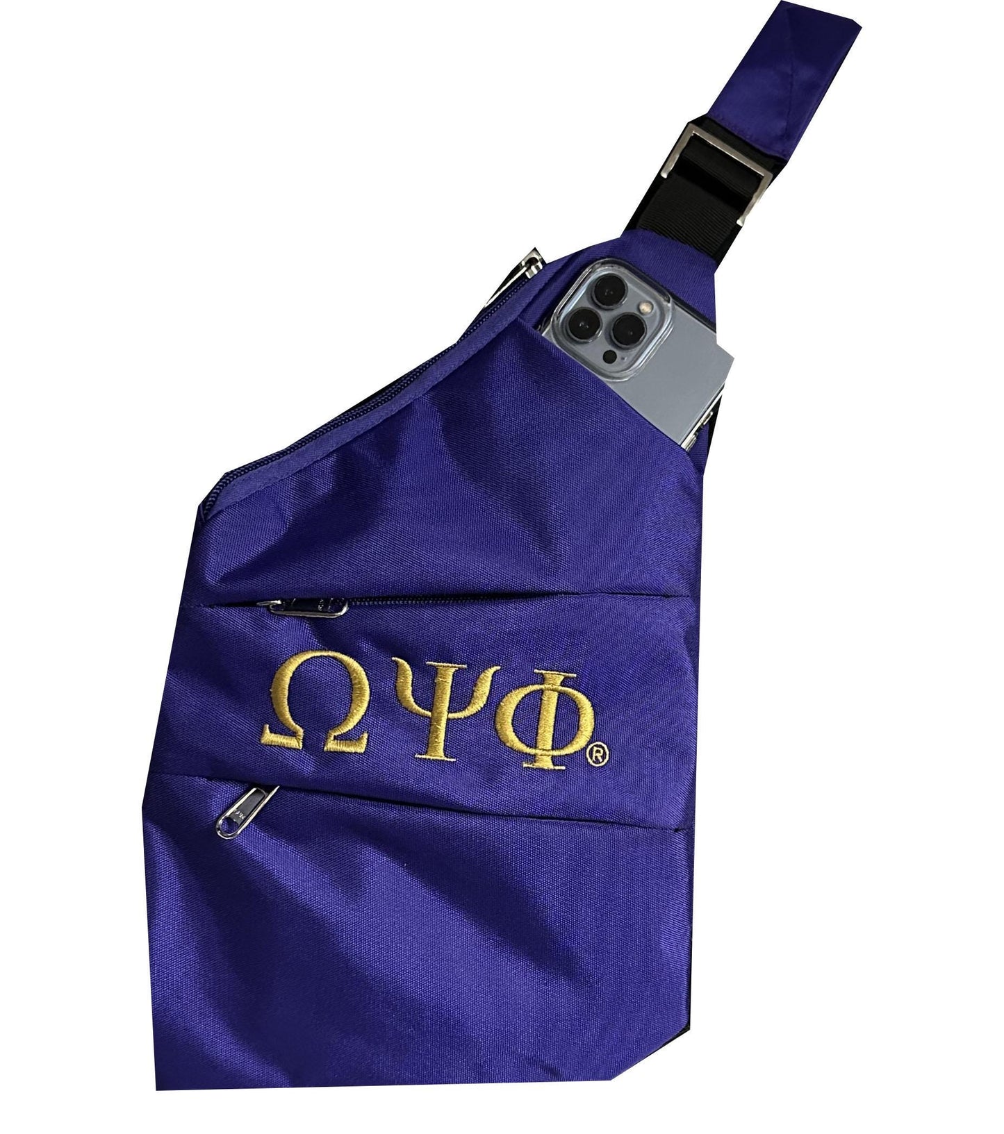 Omega Psi Phi (ΩΨΦ) Fraternity, 3 Zipper, trending Slim Carry Bag, Crossbody Sling/Shoulder bag, Embroidered Organizational Shield in Front