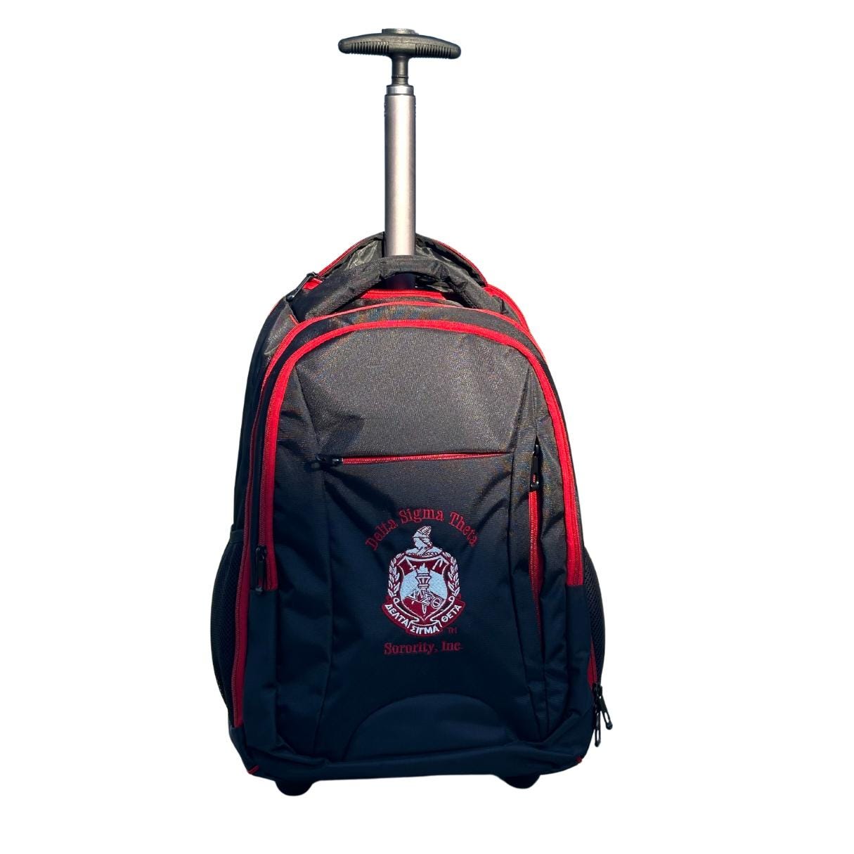 Delta Sigma Theta (DST) Backpack on the wheels, with laptop sleeves and several zips to put your stuff, for Delta sorors who loves to travel