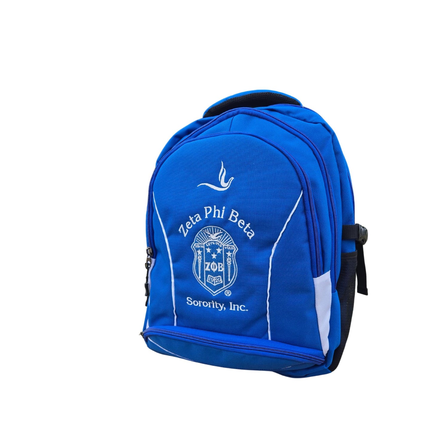 Zeta Phi Beta (ΖΦΒ) Blue & White Stylish, Polyester Fabric Coated College Backpack with laptop sleeves For Sorority Women, Made in India.